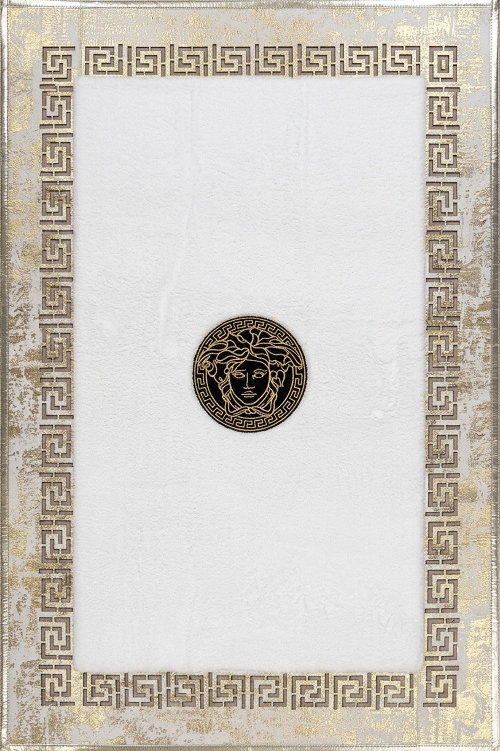 Gold Beyaz Şahmeran Meander Desenli Kadife Yumuşaklığında Tavşan Tüyü Halı