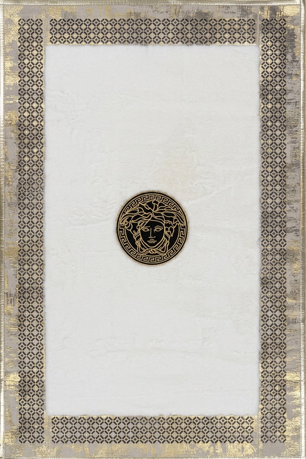 Gold Beyaz Şahmeran Meander Desenli Kadife Yumuşaklığında Tavşan Tüyü Halı