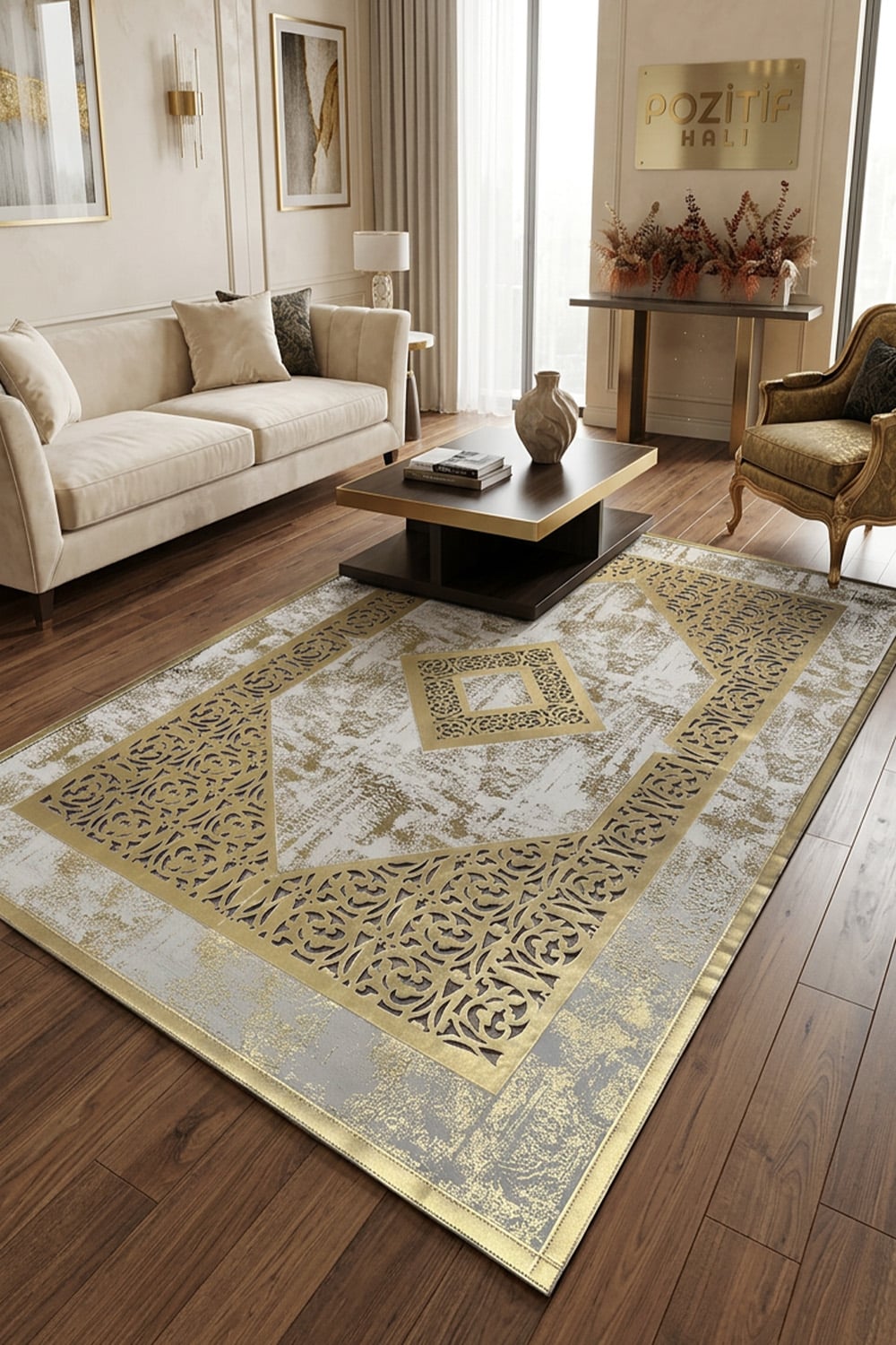 Gold Eskitme Diamond Deri Efektli Modern Halı