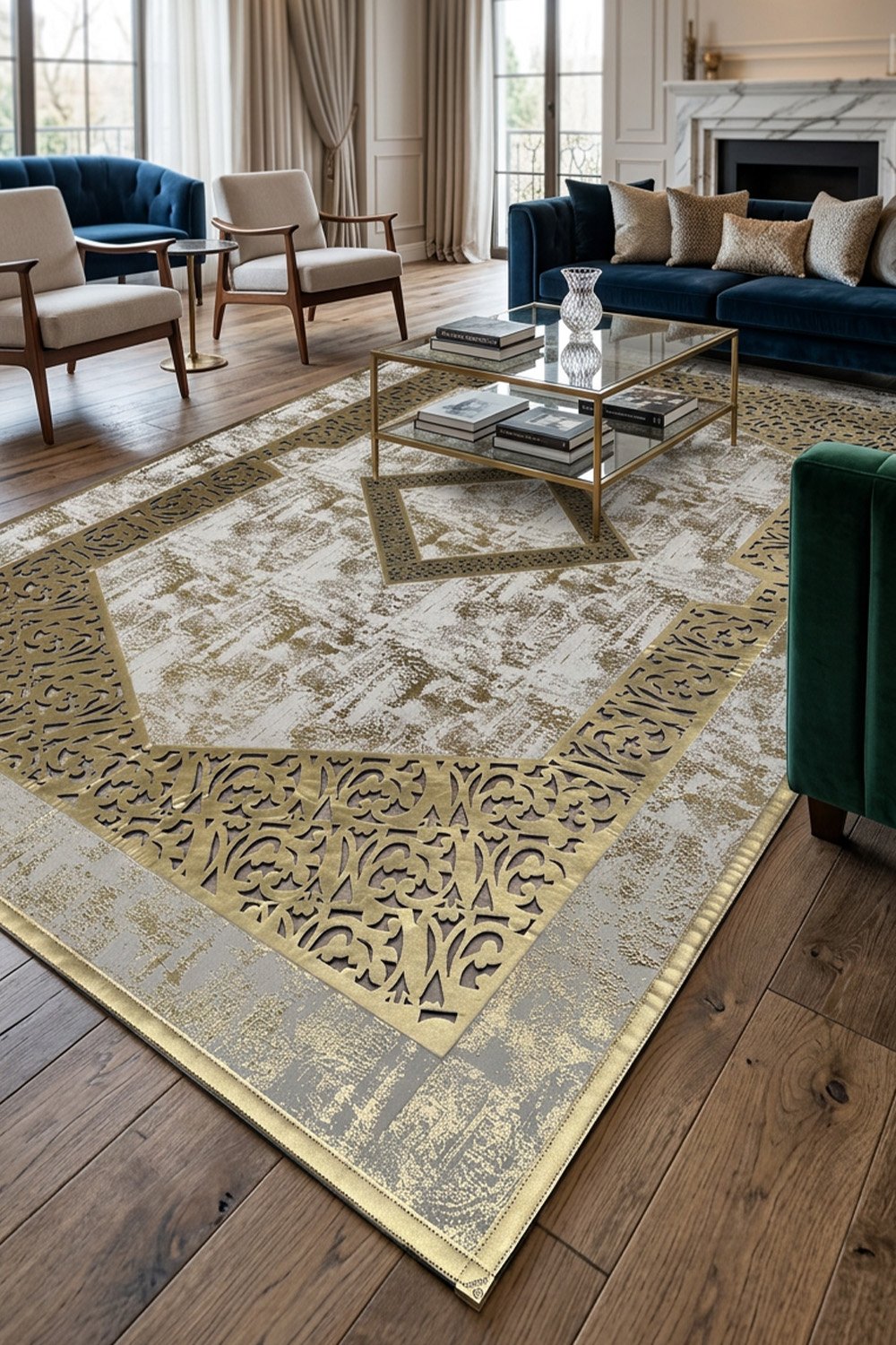 Gold Eskitme Diamond Deri Efektli Modern Halı