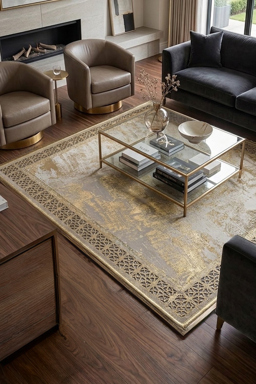 Gold Eskitme Diamond Deri Efektli Modern Halı