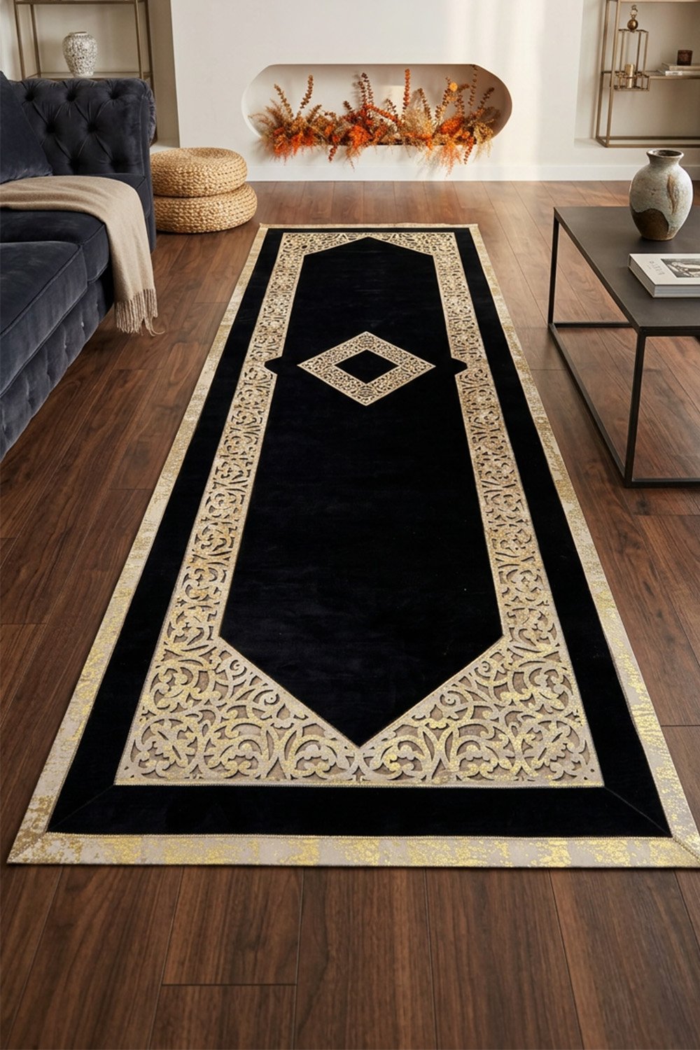 Gold Siyah Diamond Desenli Deri Efektli Modern Halı