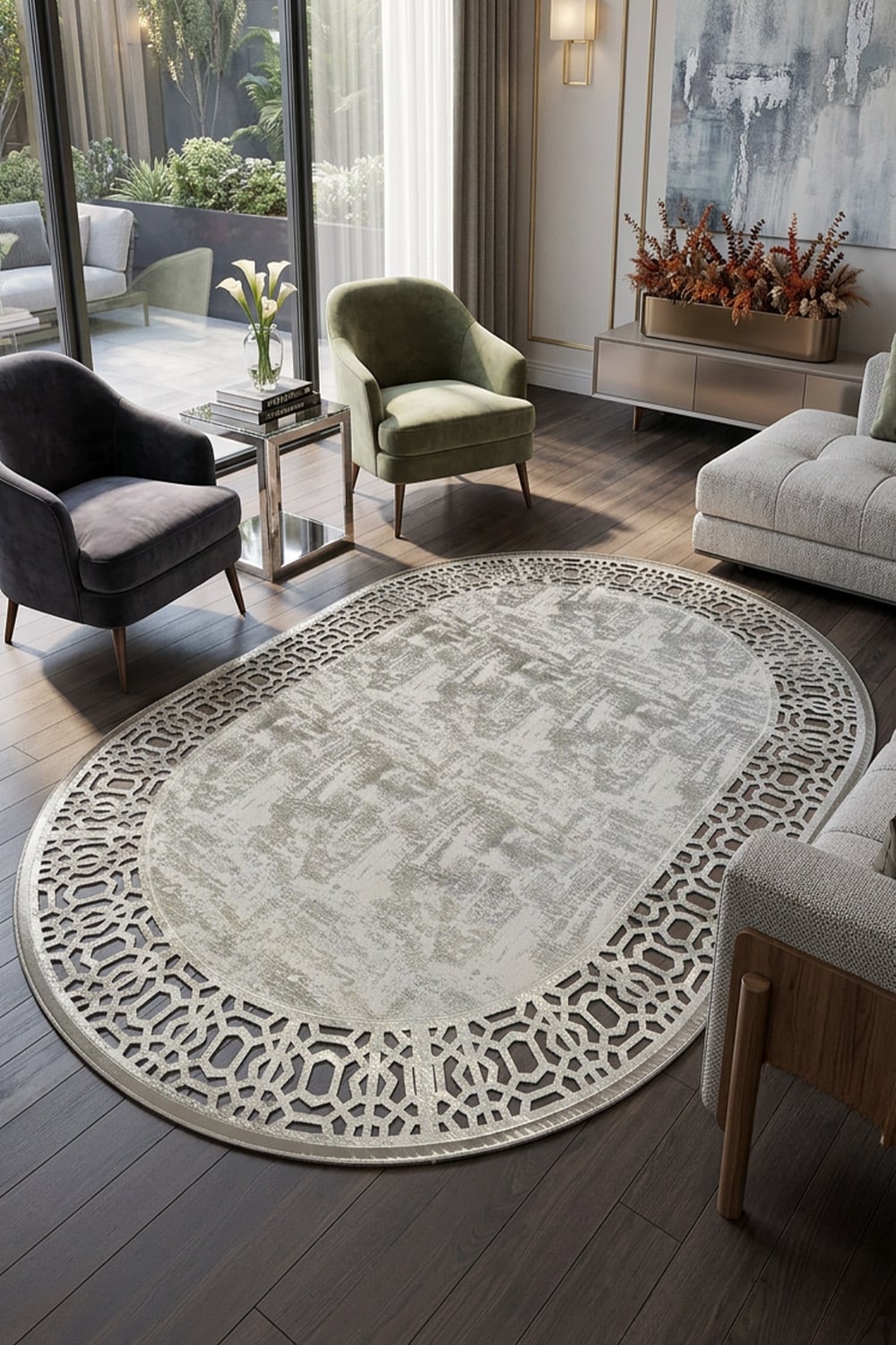 Gri Gümüş Diamond Deri Efektli Modern Oval Halı