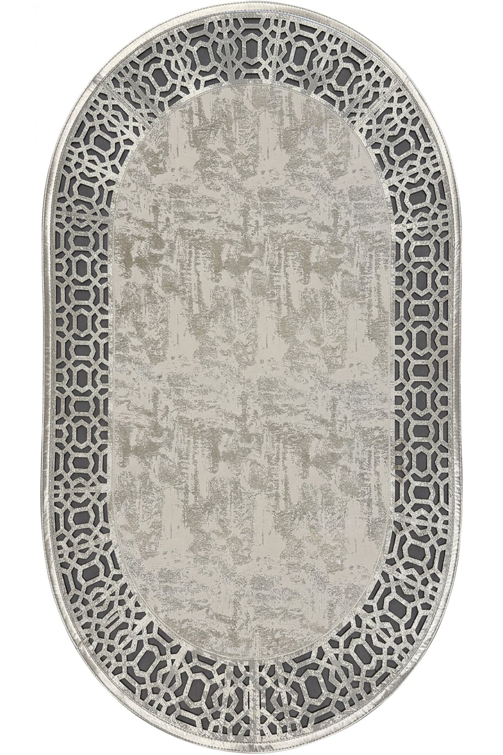 Gri Gümüş Diamond Deri Efektli Modern Oval Halı
