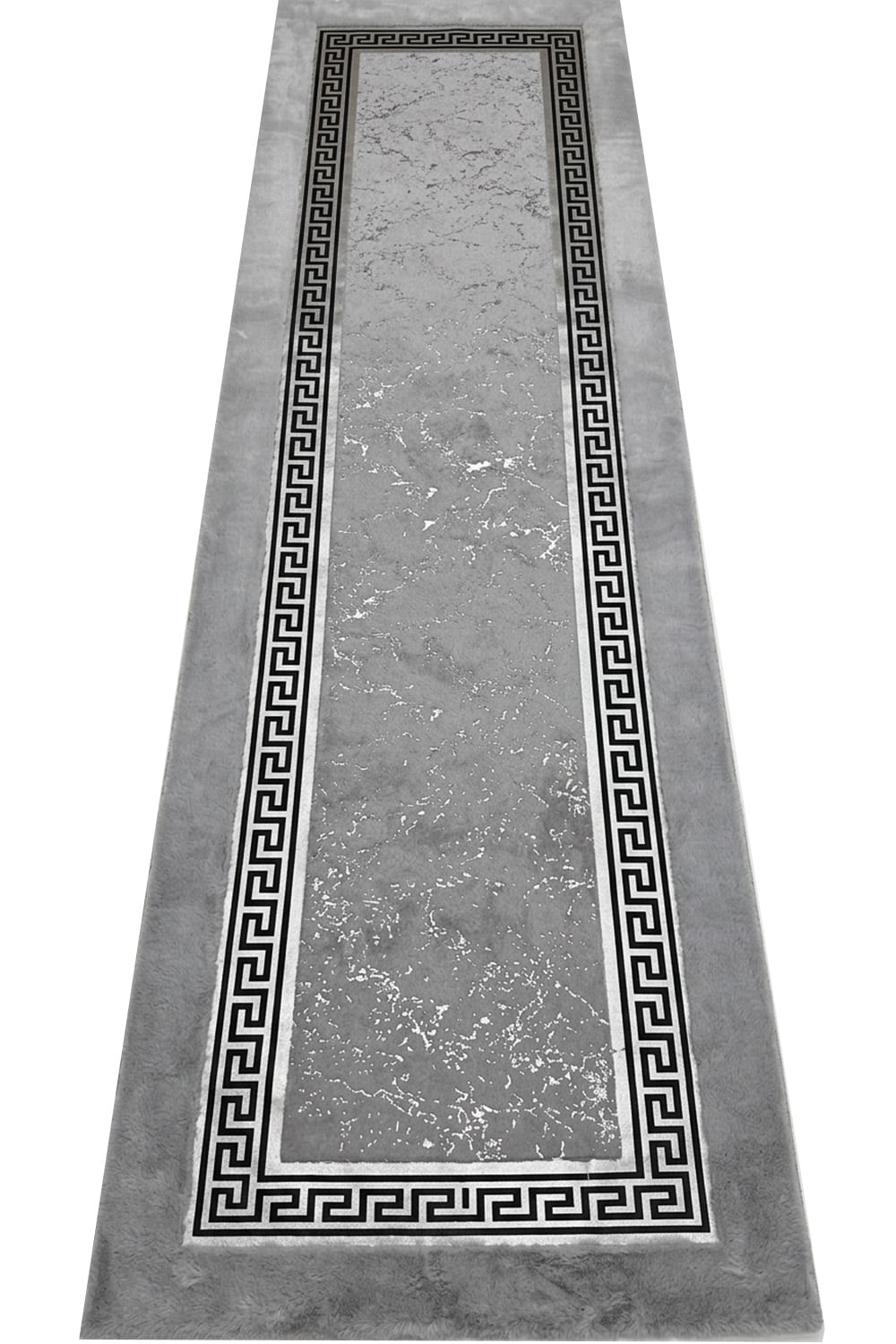 Gri Gümüş Şahmeran Meander Desenli Kadife Yumuşaklığında Tavşan Tüyü Halı