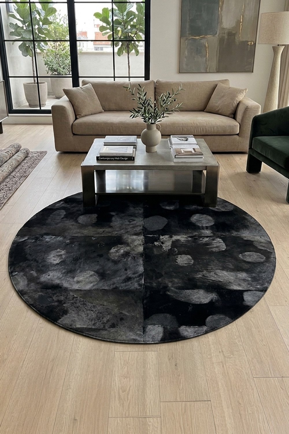 Gri Siyah Deniz Aslanı %100 Fok Balığı Kürkü Yuvarlak Halı