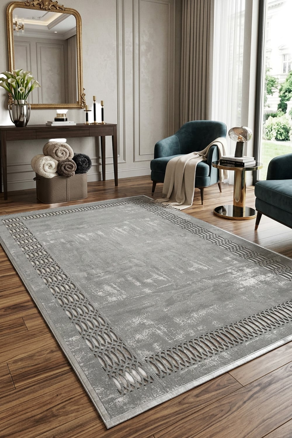 Gümüş Eskitme Diamond Deri Efektli Modern Halı