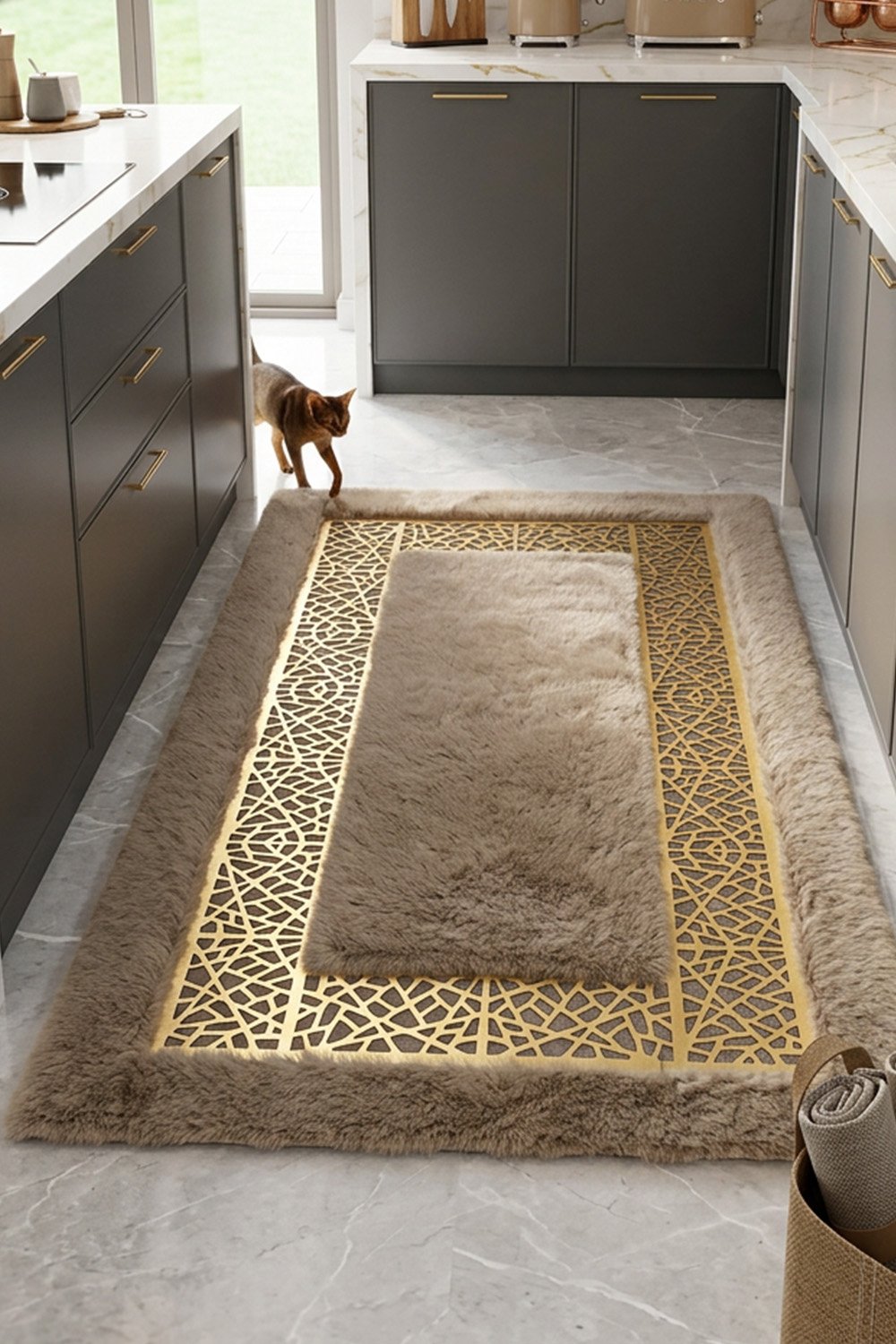 Kahve Gold Şahmeran Oyma Motifli Kadife Yumuşaklığında Tavşan Tüyü Halı