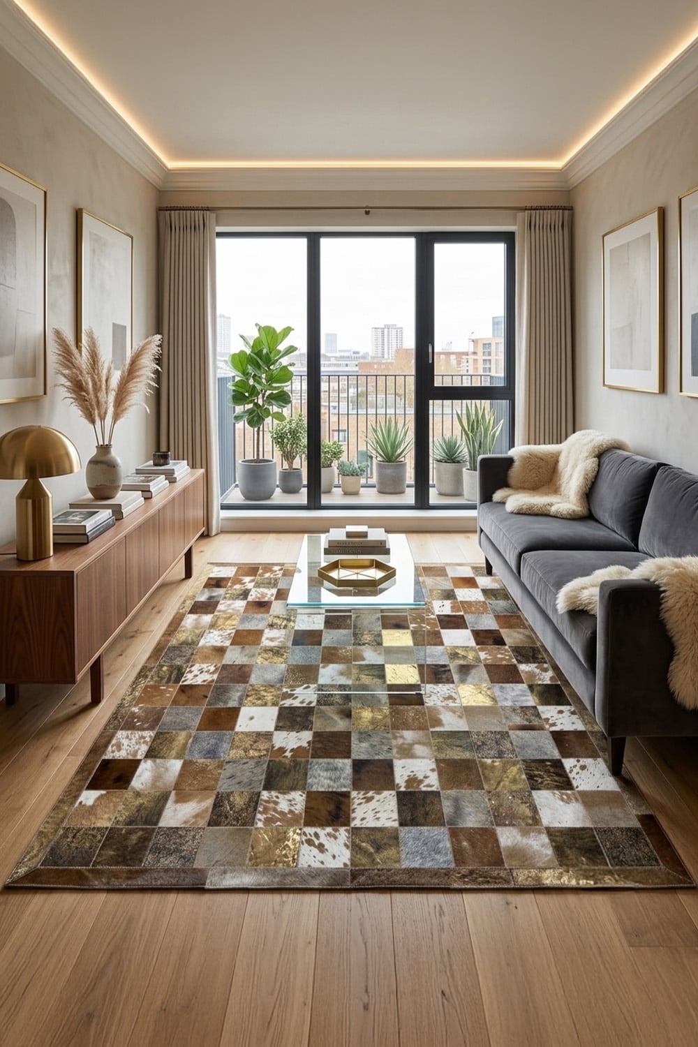 Kahverengi Dana Patchwork Kare Desenli %100 Dana Derisi Halı