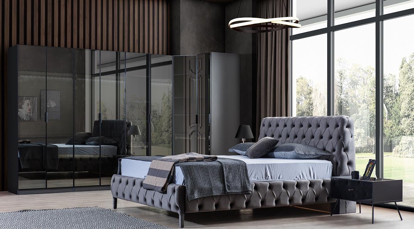 Bronze Antrasit Köşe Dolaplı Yatak Odası