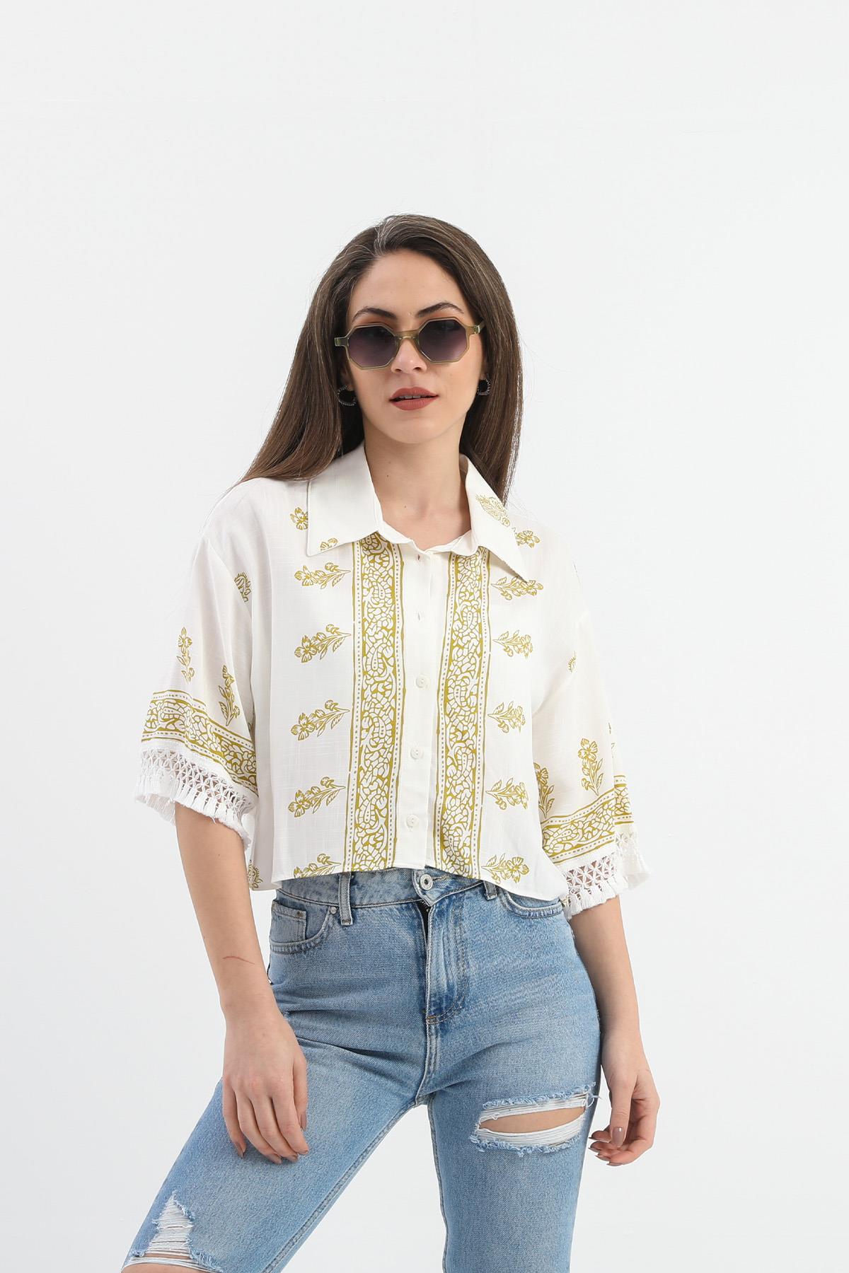 Antik Desenli Kolları Püsküllü Gömlek - Haki