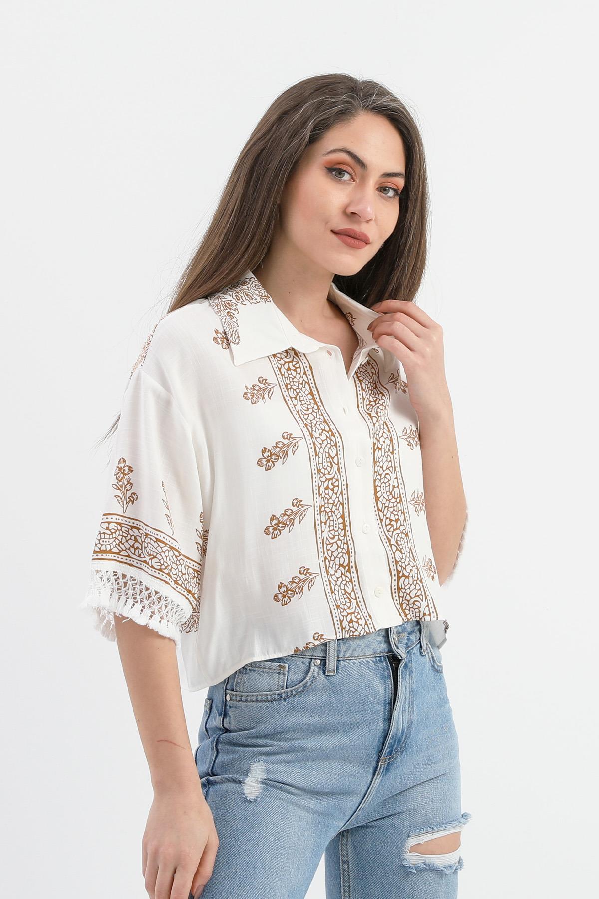 Antik Desenli Kolları Püsküllü Gömlek - Kahverengi