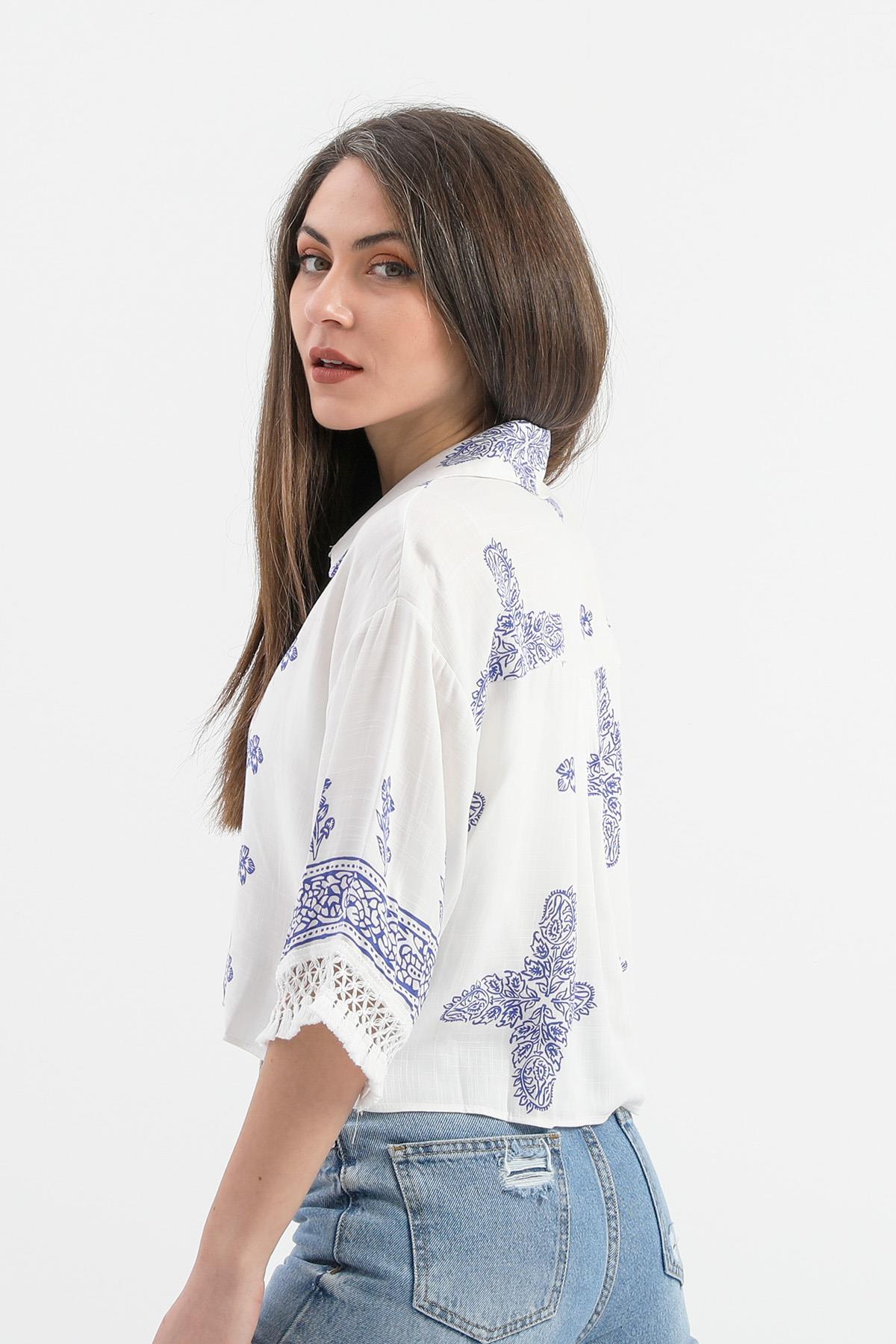 Antik Desenli Kolları Püsküllü Gömlek - SaksMavisi