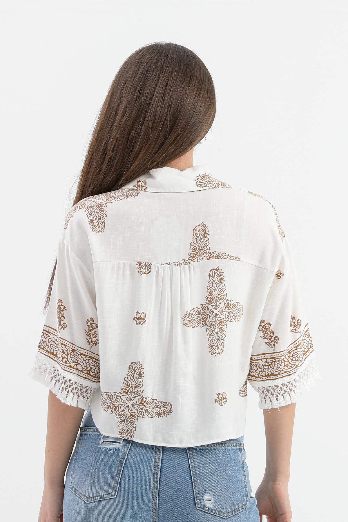 Antik Desenli Kolları Püsküllü Gömlek - Kahverengi