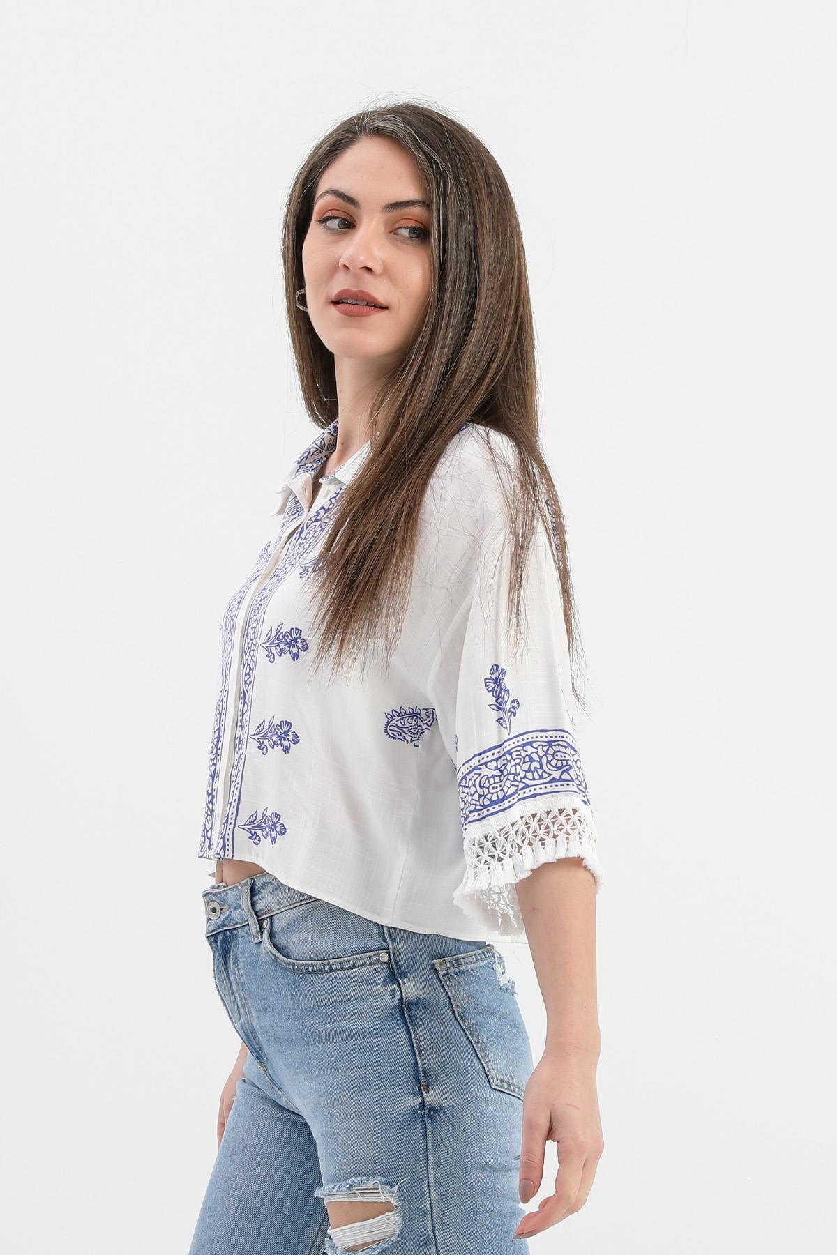 Antik Desenli Kolları Püsküllü Gömlek - SaksMavisi