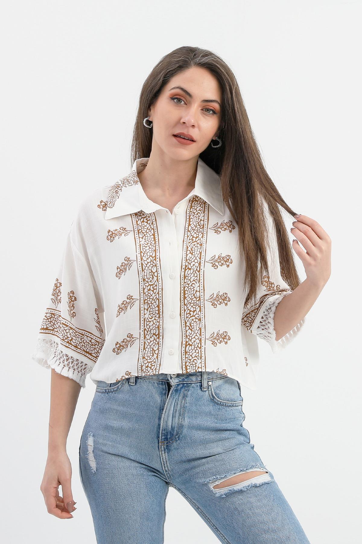 Antik Desenli Kolları Püsküllü Gömlek - Kahverengi