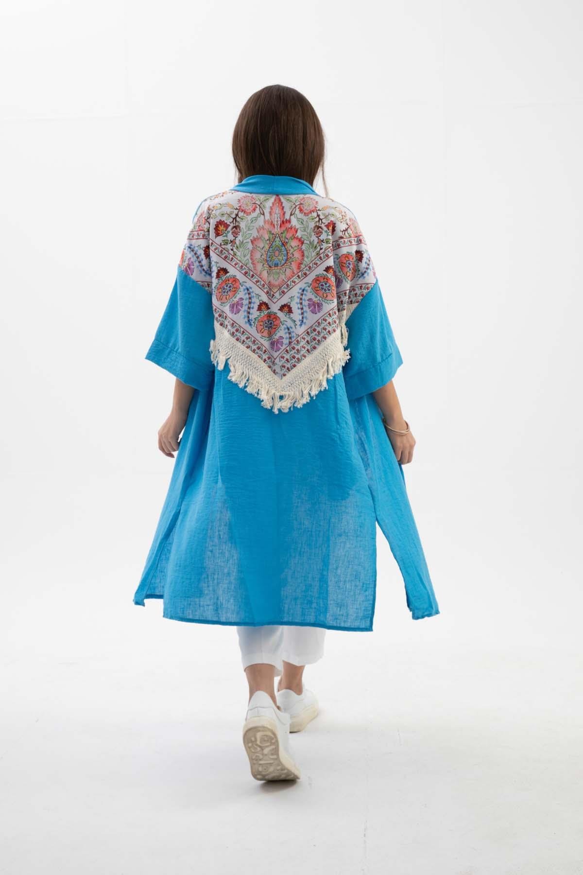 Arkası Baskılı Püsküllü Kimono - Mavi