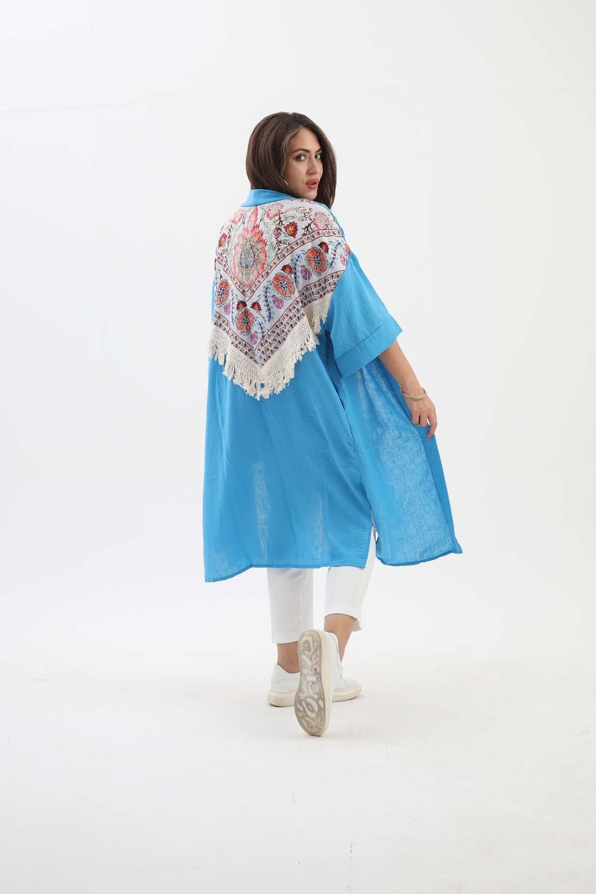 Arkası Baskılı Püsküllü Kimono - Mavi