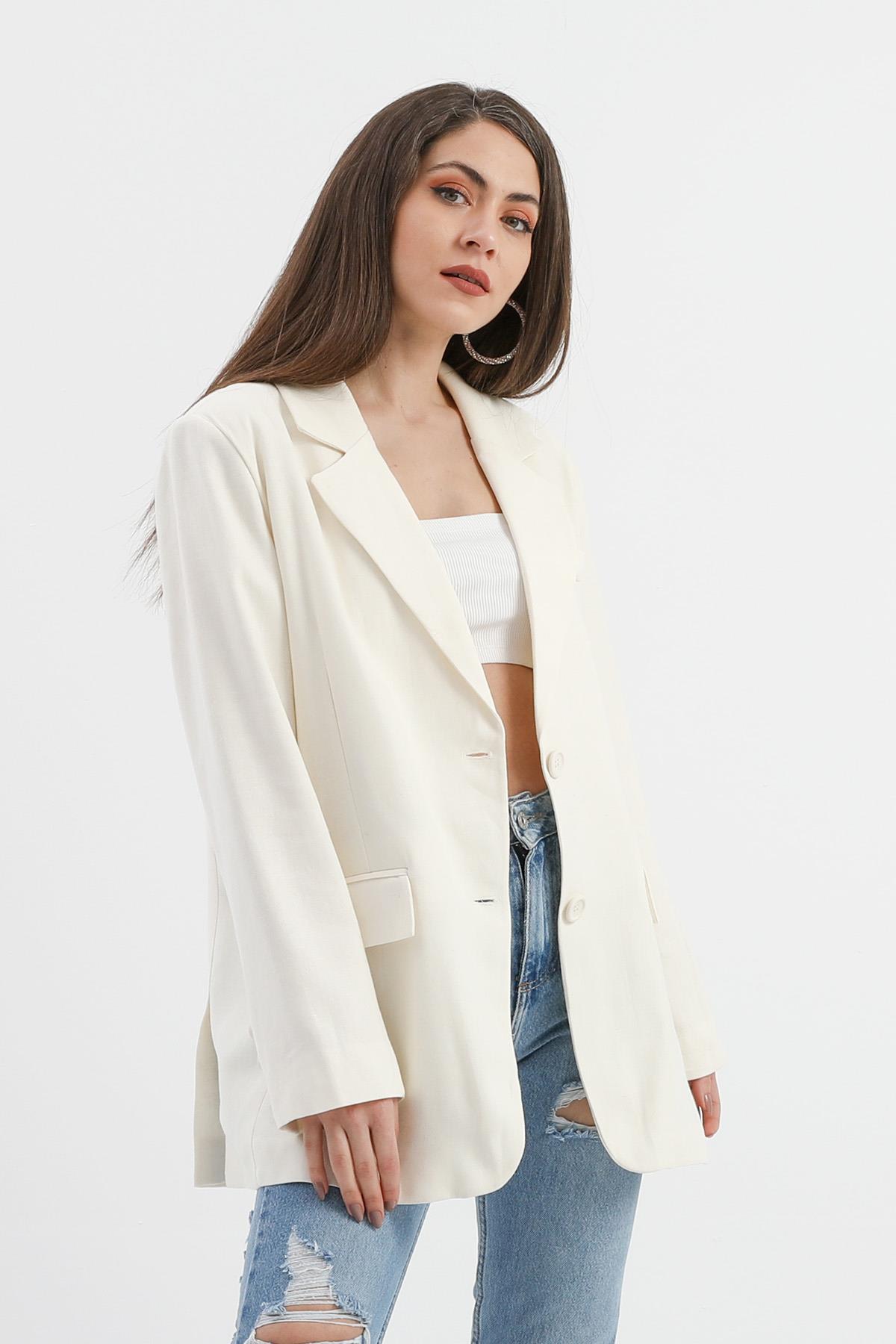 Arkası Çift Yırtmaç Keten Ceket - Ekru
