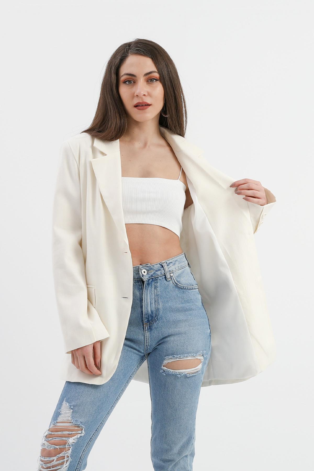Arkası Çift Yırtmaç Keten Ceket - Ekru