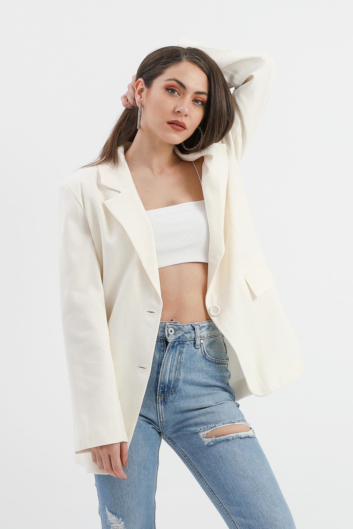 Arkası Çift Yırtmaç Keten Ceket - Ekru