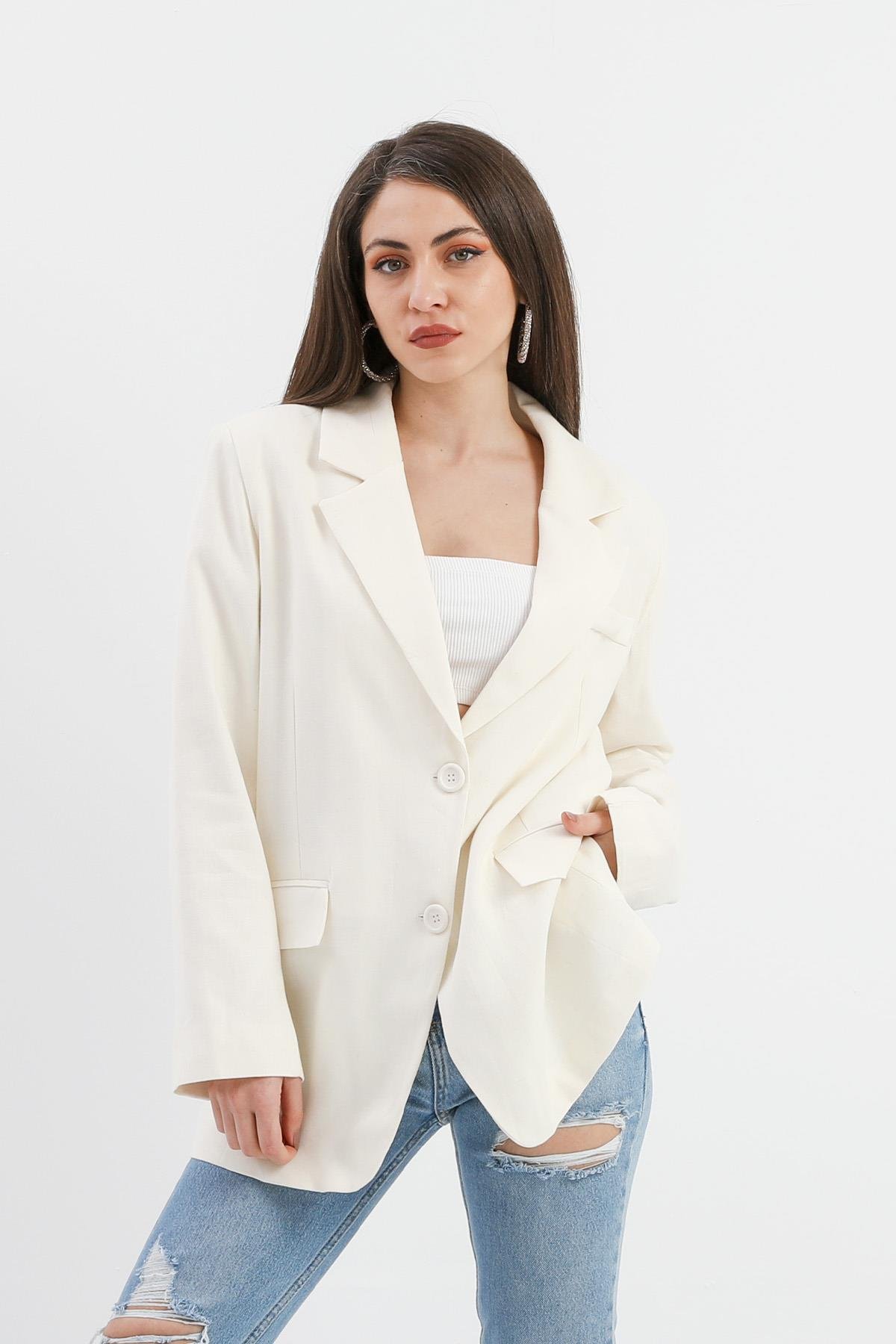 Arkası Çift Yırtmaç Keten Ceket - Ekru