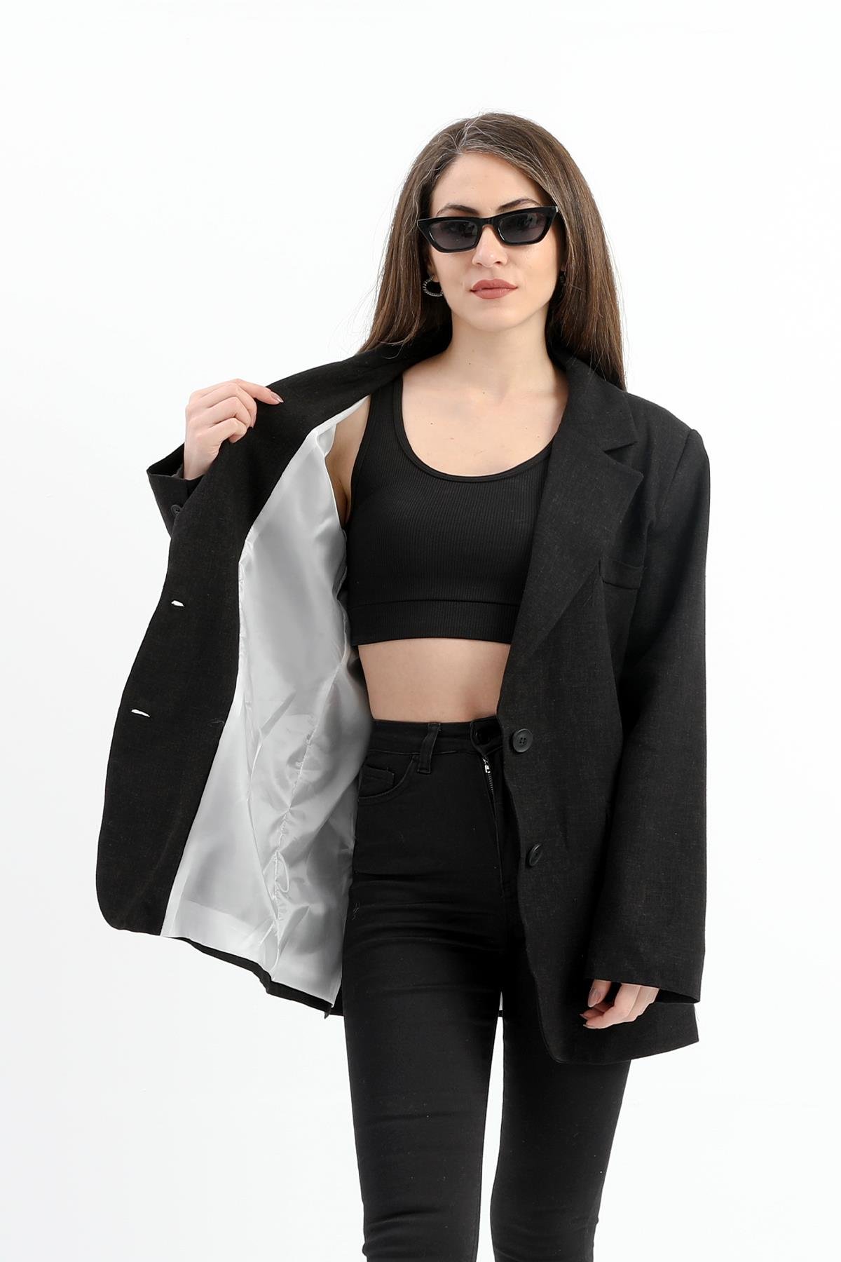 Arkası Çift Yırtmaç Keten Ceket - Siyah