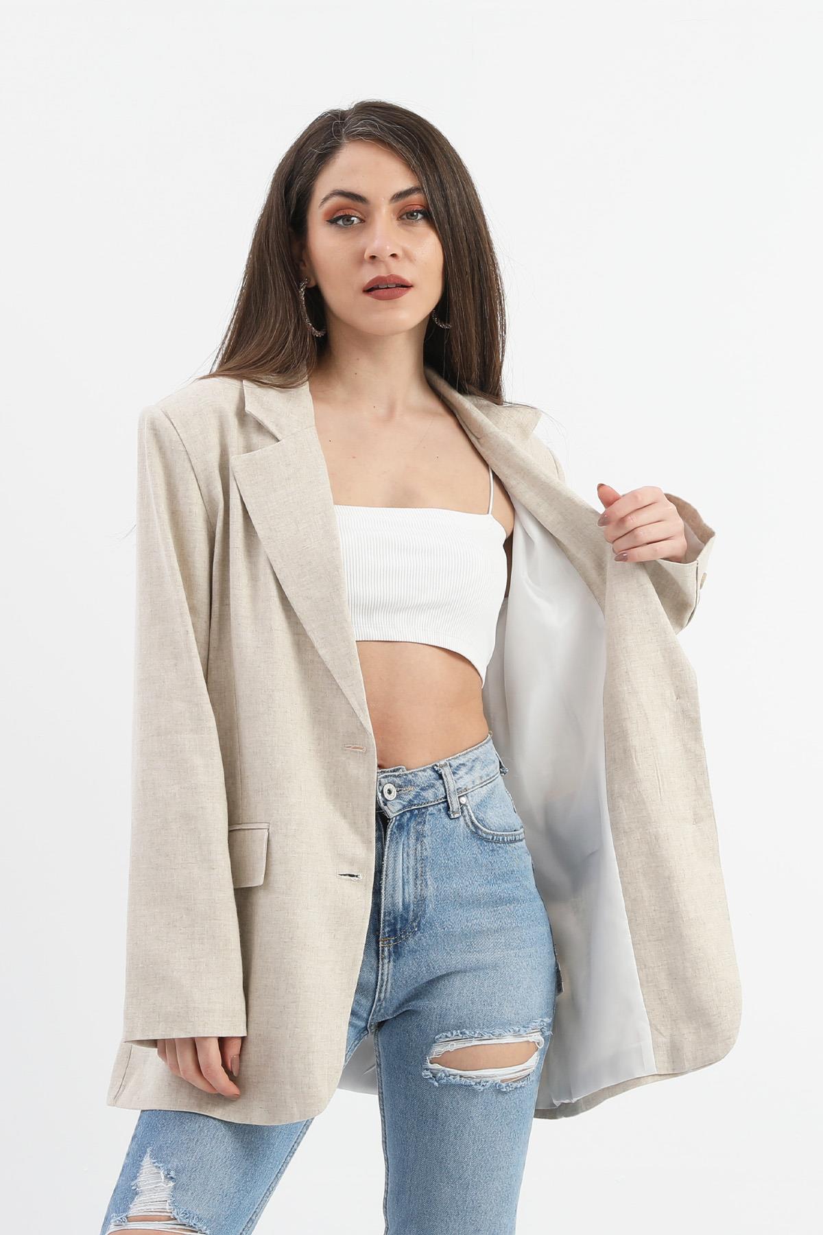 Arkası Çift Yırtmaç Keten Ceket - Taş