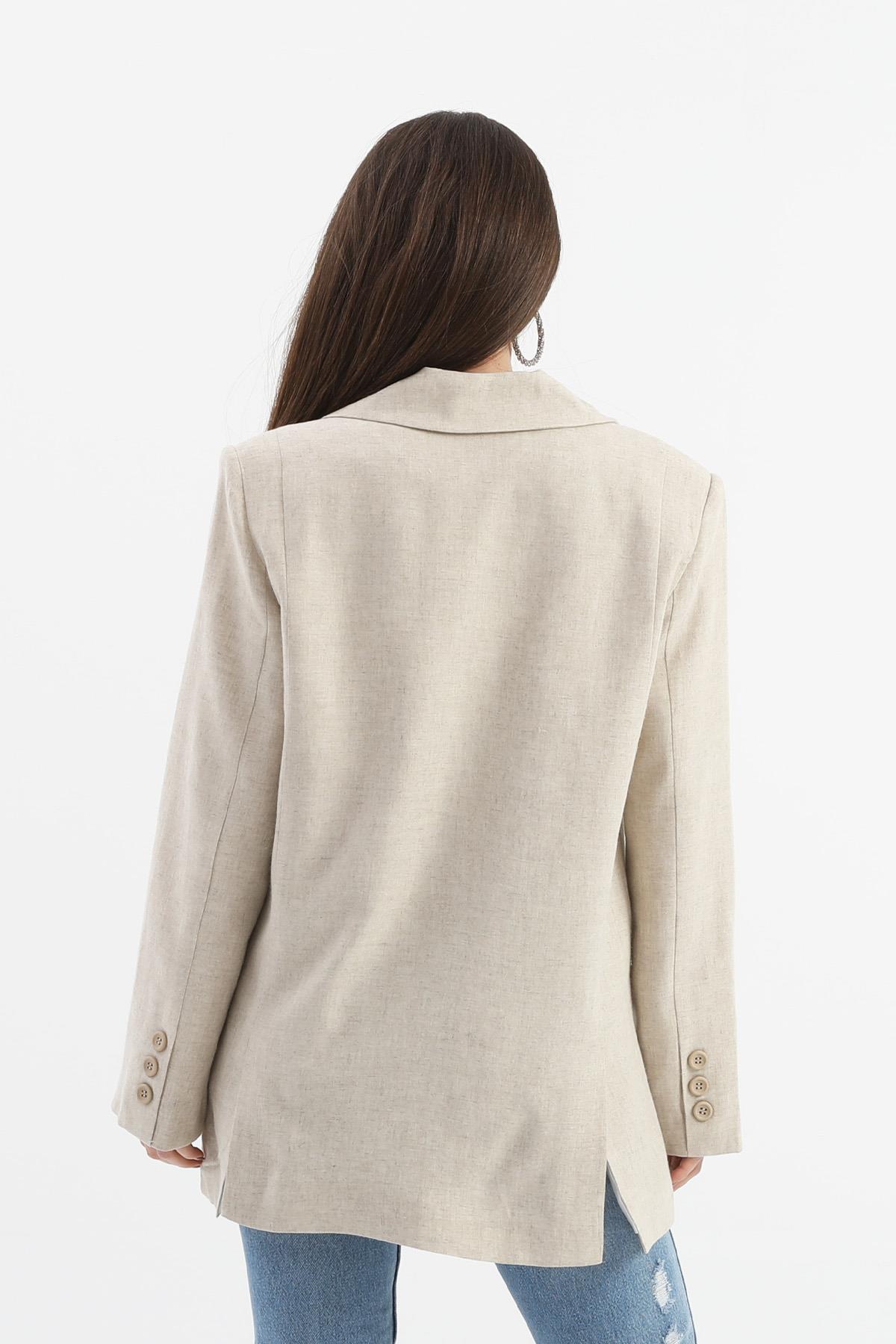Arkası Çift Yırtmaç Keten Ceket - Taş