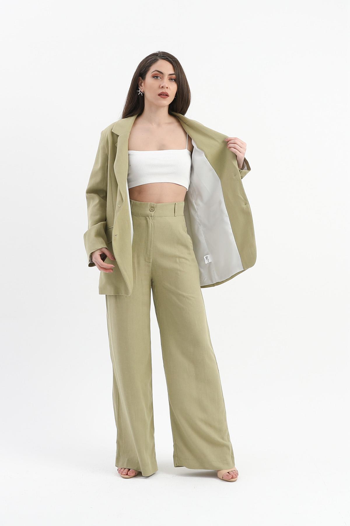 Arkası Çift Yırtmaç Keten Ceket - Yağ Yeşili