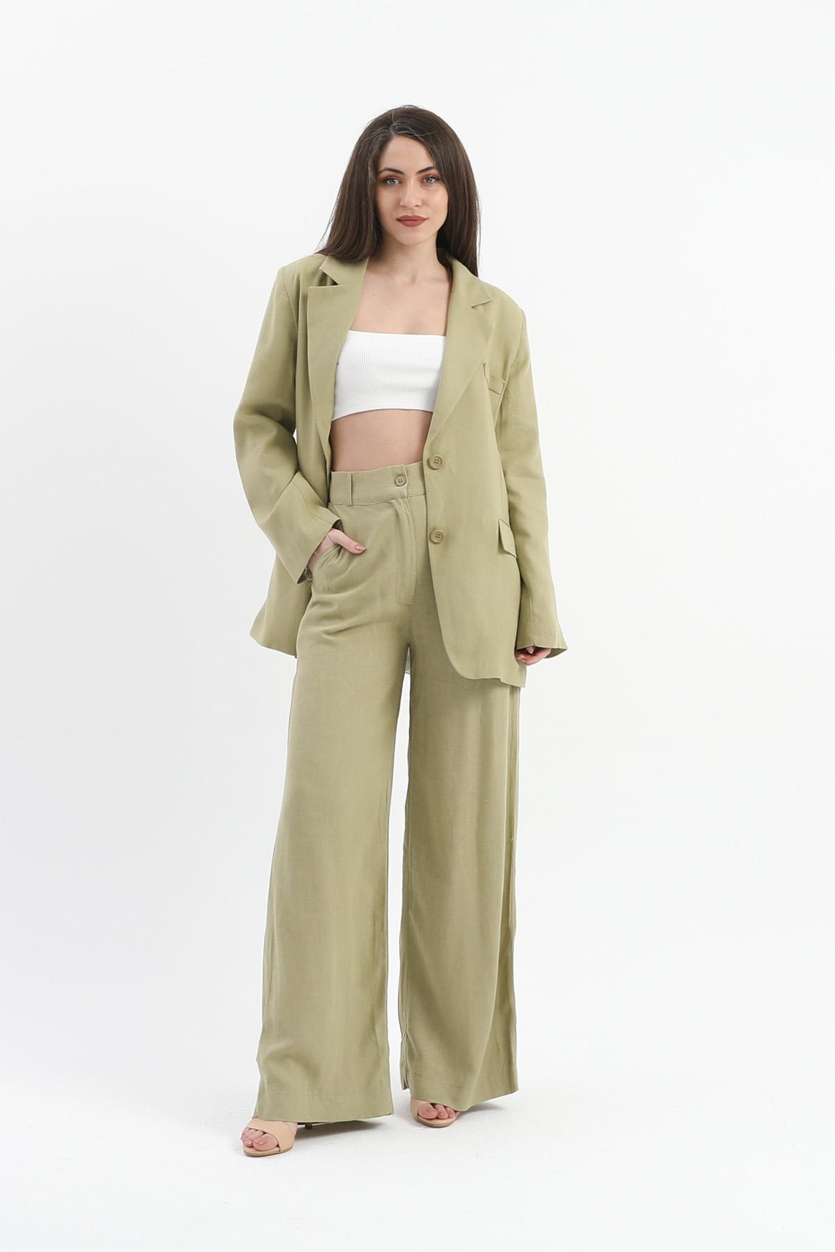 Arkası Çift Yırtmaç Keten Ceket - Yağ Yeşili