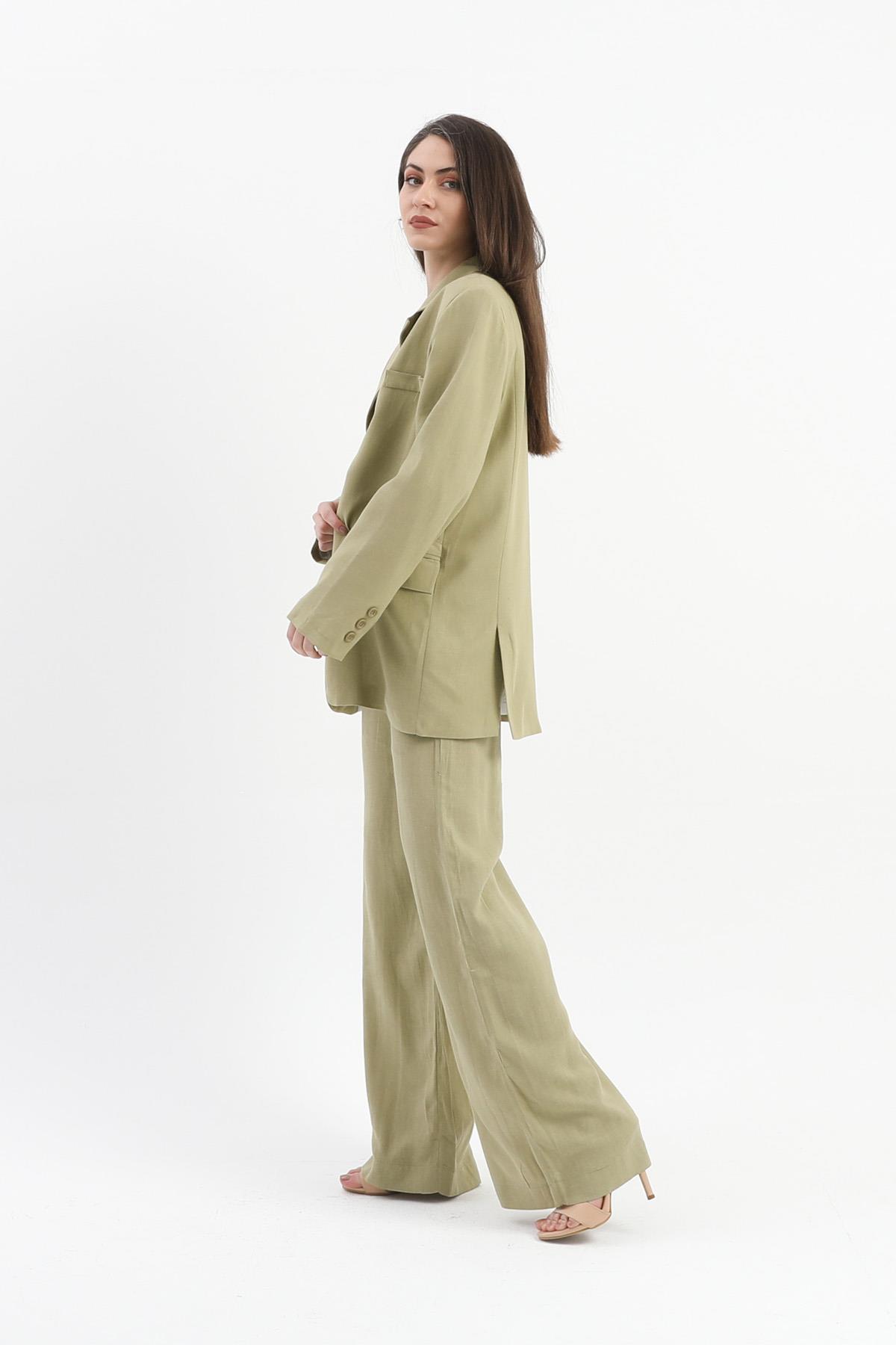 Arkası Çift Yırtmaç Keten Ceket - Yağ Yeşili