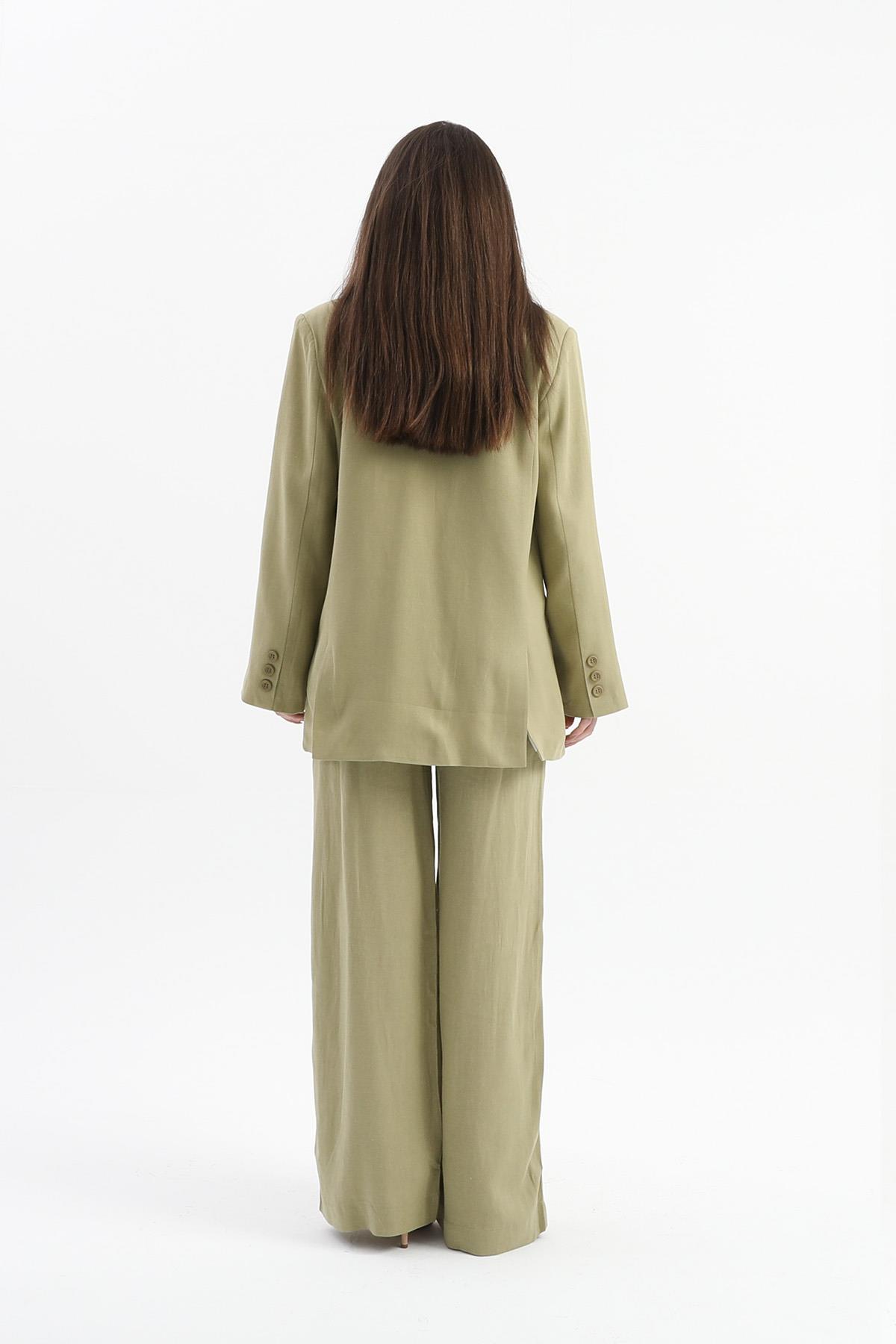 Arkası Çift Yırtmaç Keten Ceket - Yağ Yeşili