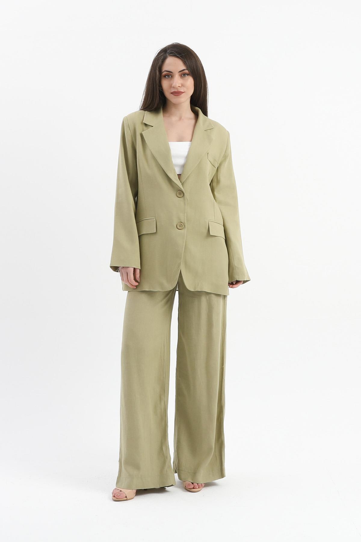 Arkası Çift Yırtmaç Keten Ceket - Yağ Yeşili