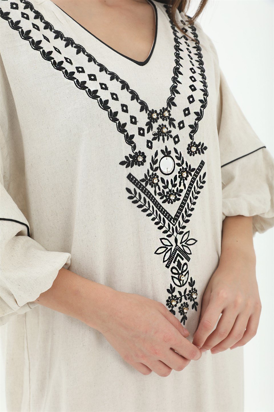 Balon Kol Nakışlı Kimono - Taş