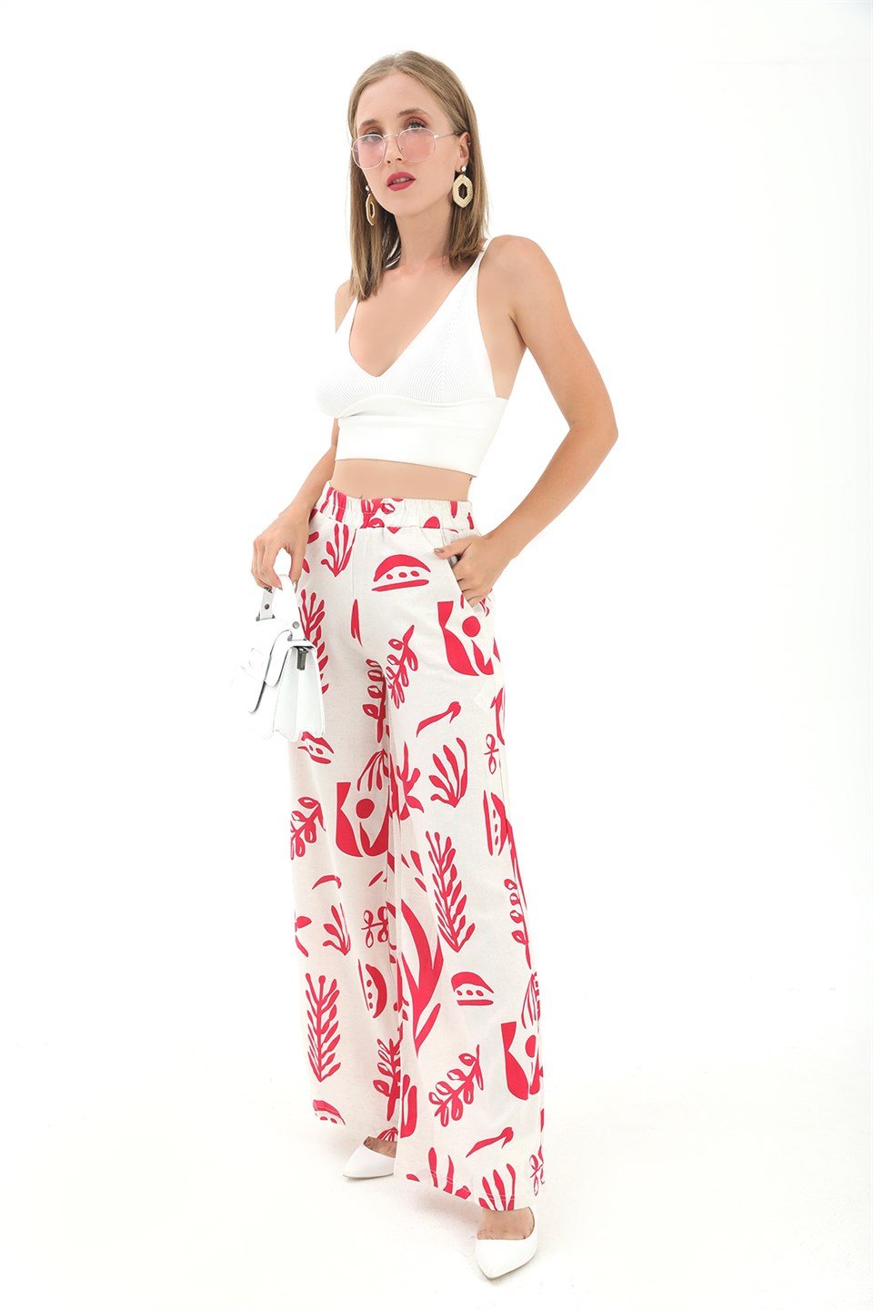 Baskılı Keten Bol Paça Pantolon - Fuşya