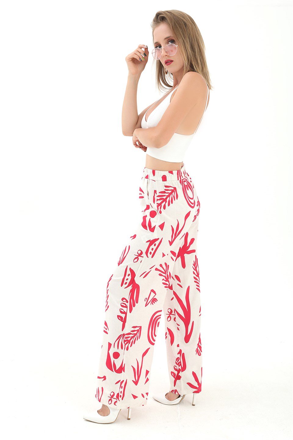 Baskılı Keten Bol Paça Pantolon - Fuşya