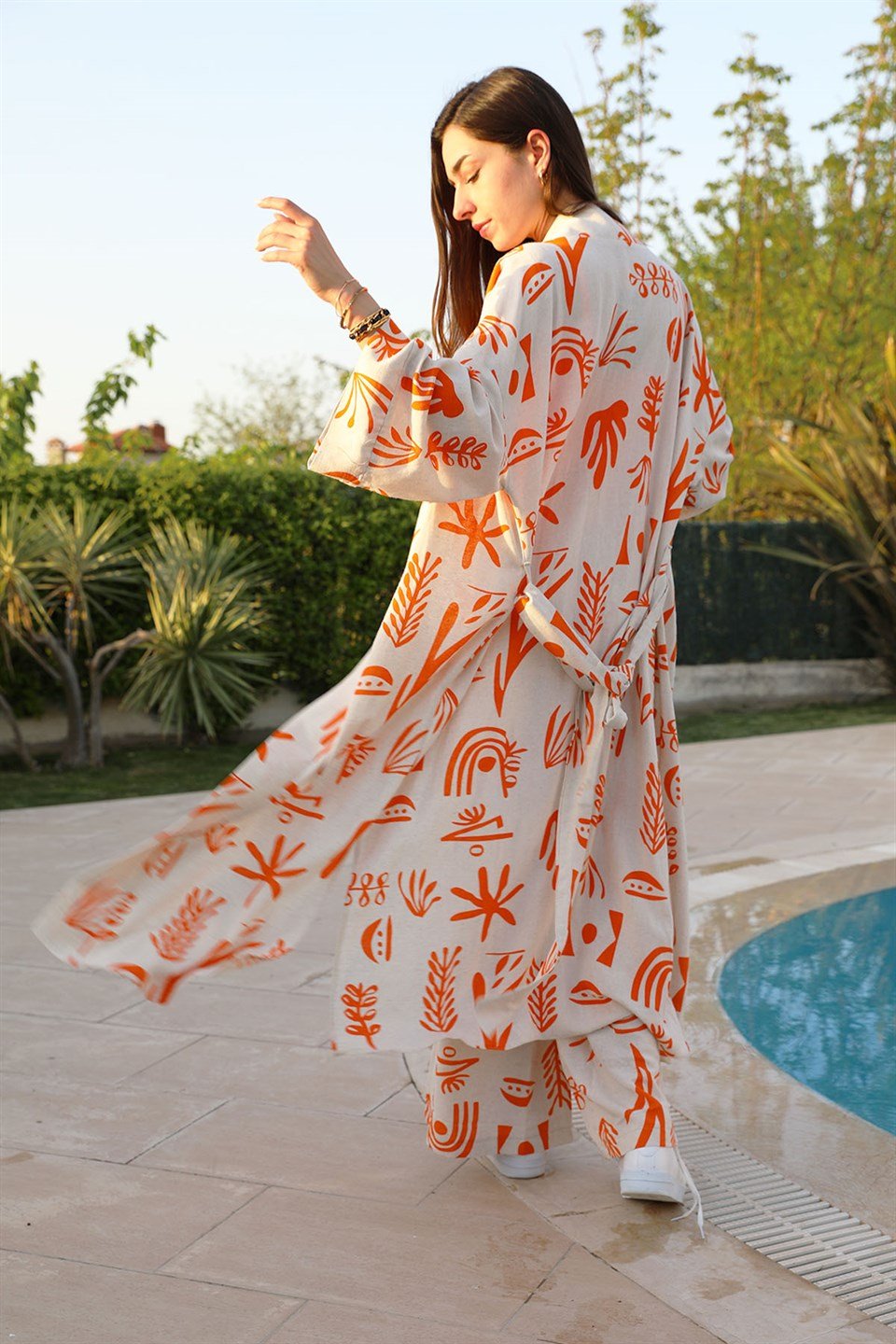 Baskılı Keten Bol Paça Pantolon - Turuncu