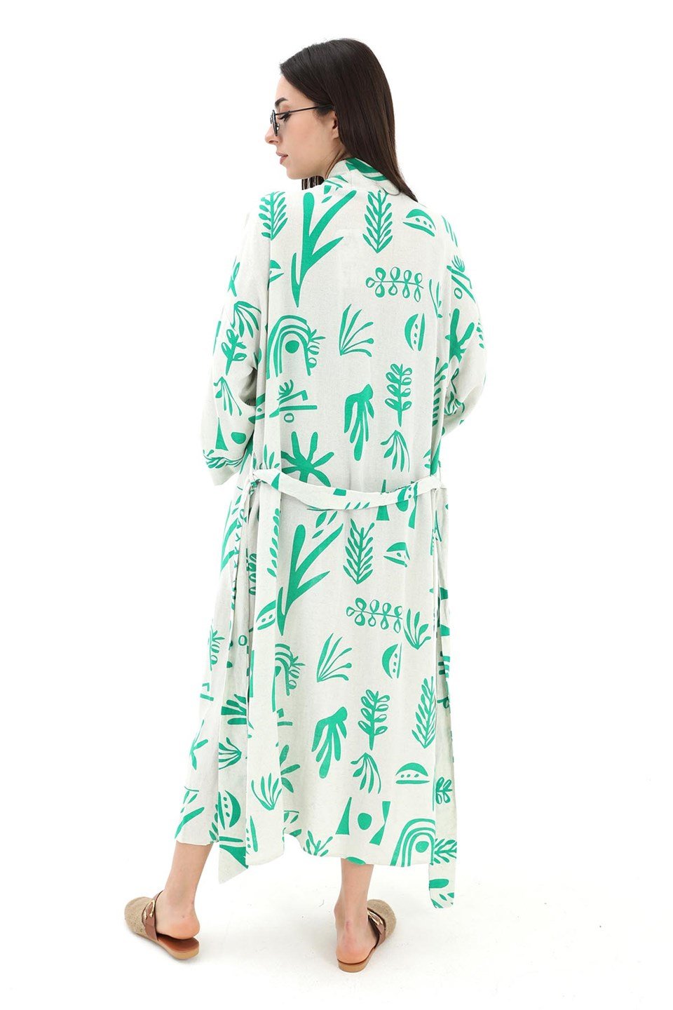 Baskılı Keten Kimono - Yeşil