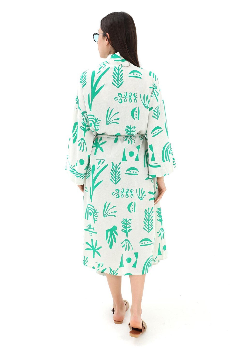Baskılı Keten Kimono - Yeşil