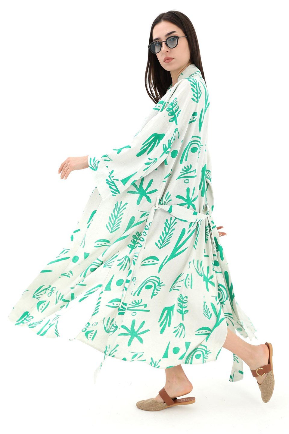 Baskılı Keten Kimono - Yeşil