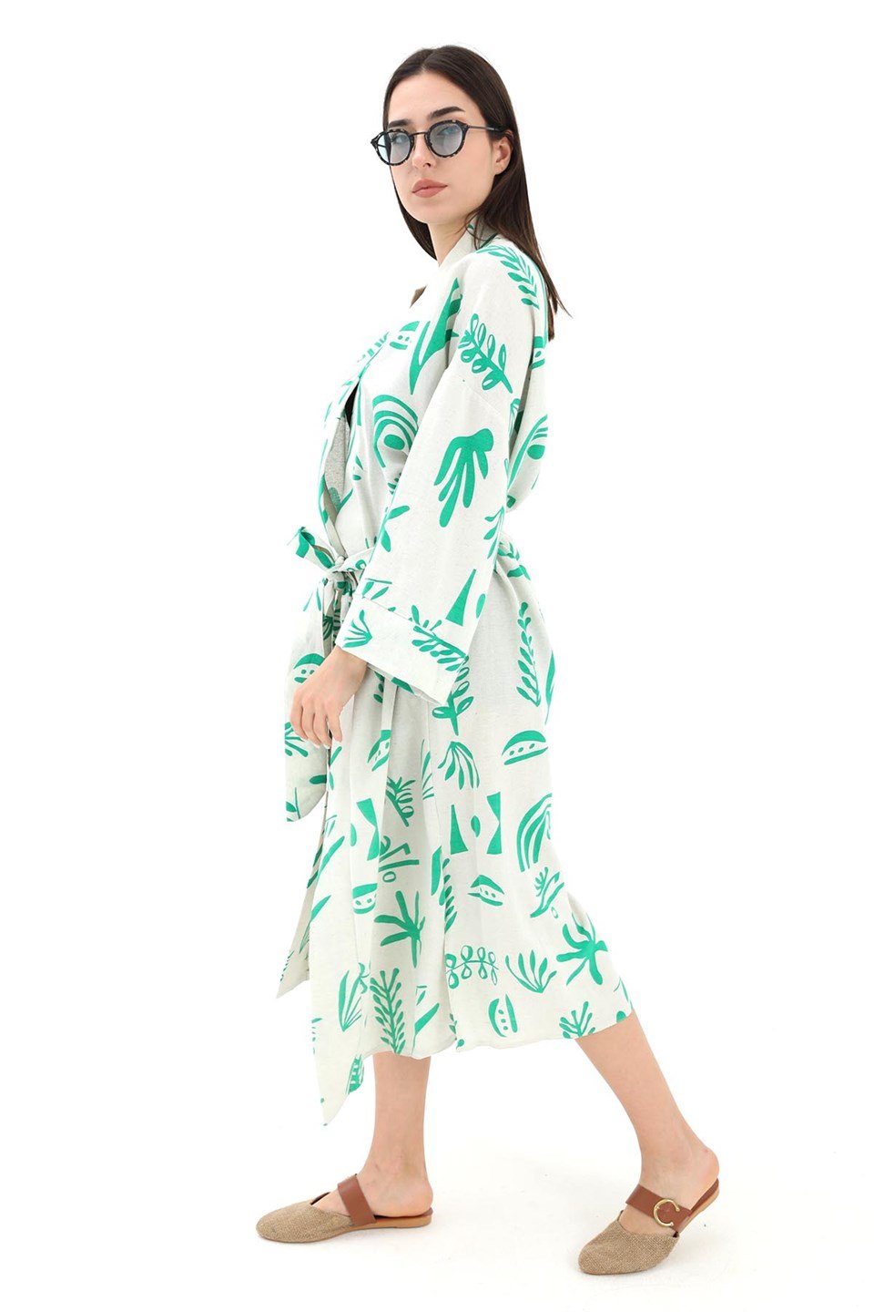 Baskılı Keten Kimono - Yeşil