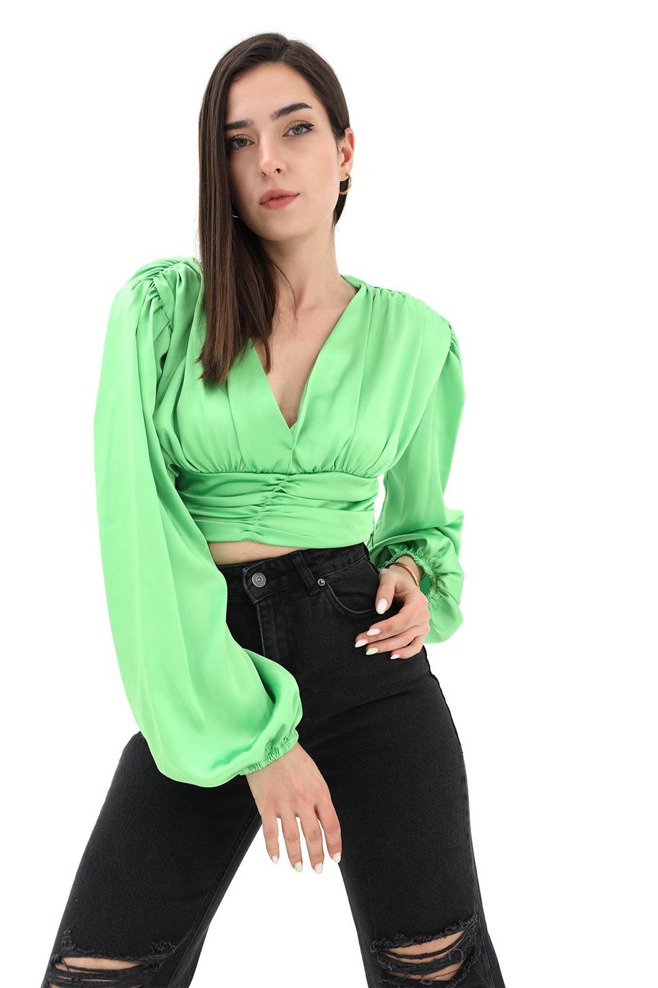 Beli Drapeli Balon Kol Bluz - Yeşil