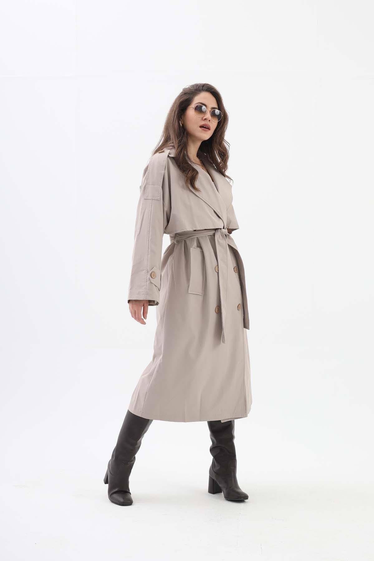 Beli Kuşaklı Allerli  Apoletli Trençkot - Taş