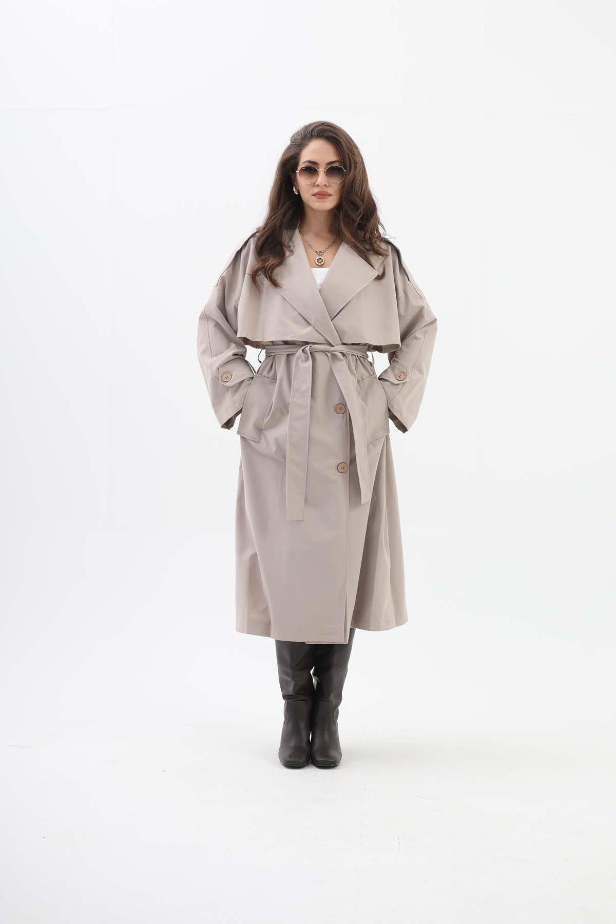 Beli Kuşaklı Allerli  Apoletli Trençkot - Taş