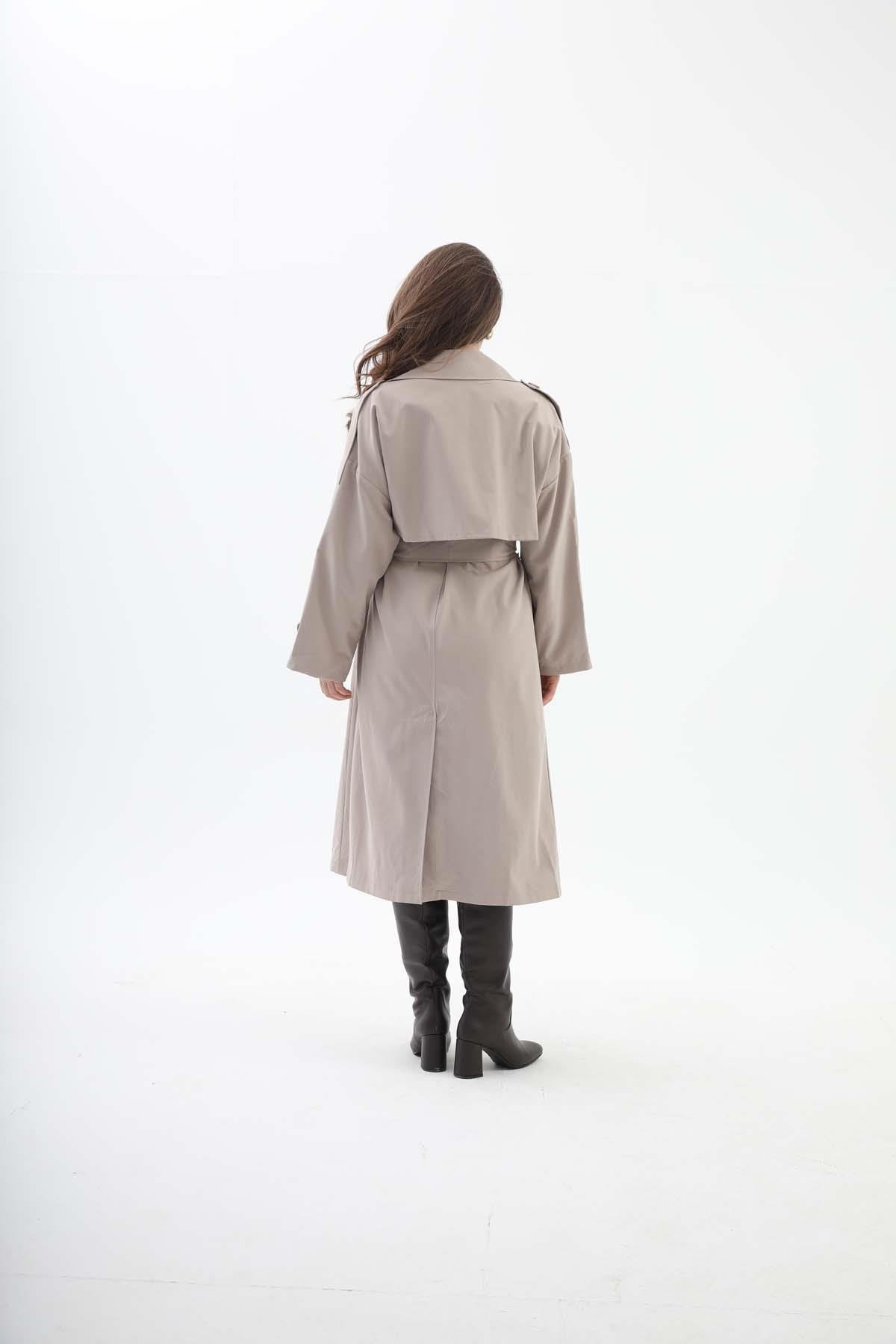 Beli Kuşaklı Allerli  Apoletli Trençkot - Taş