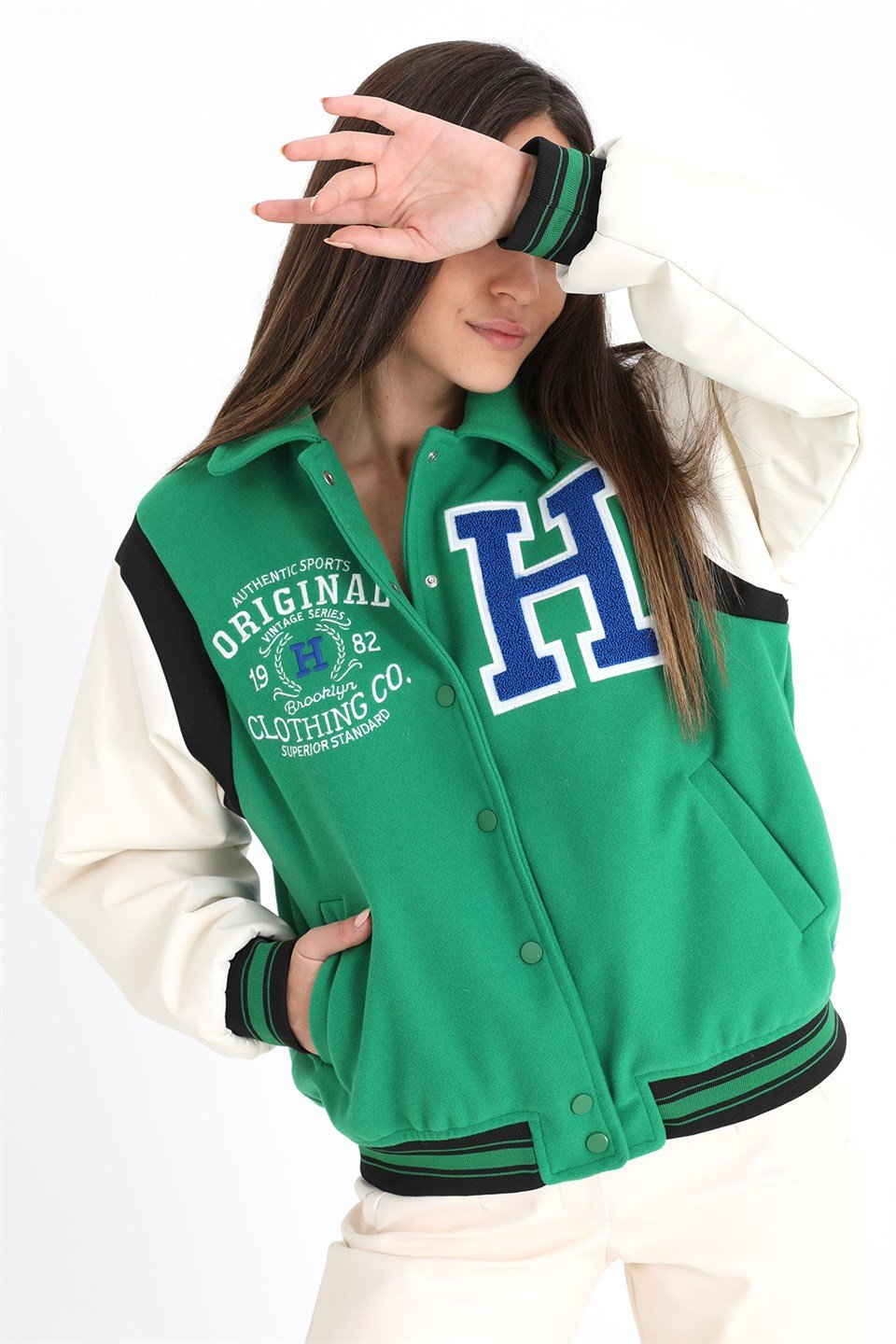 Beli Lastikli Kolları Deri Kolej Ceket Mont - Yeşil