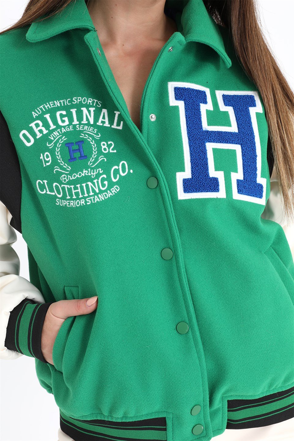 Beli Lastikli Kolları Deri Kolej Ceket Mont - Yeşil