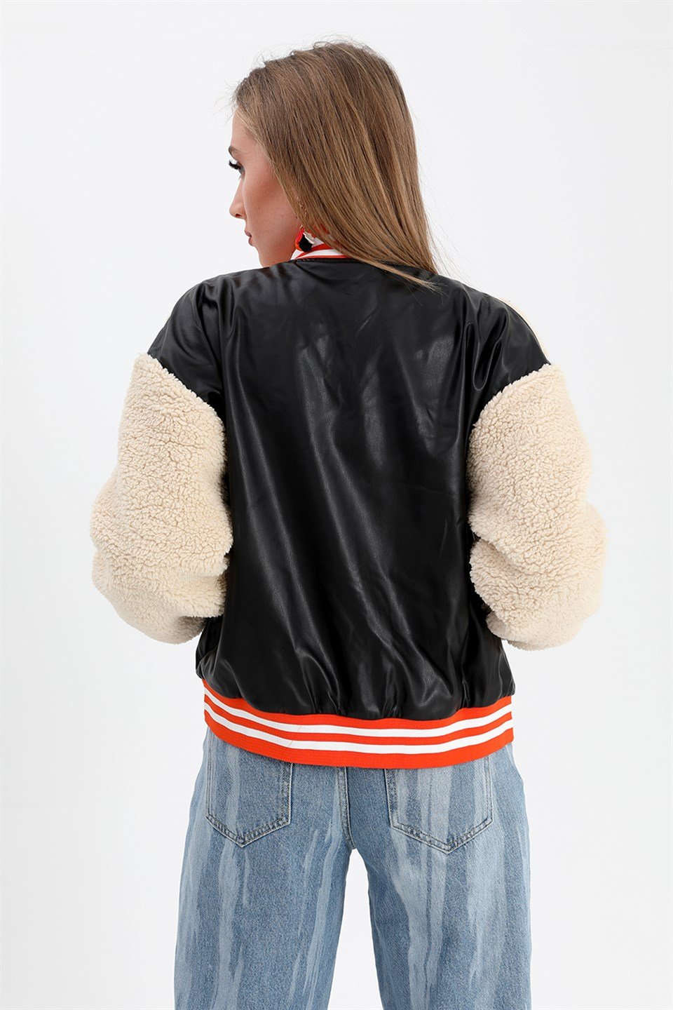 Beli Lastikli Nakışlı Derili Peluş Ceket Mont - Siyah