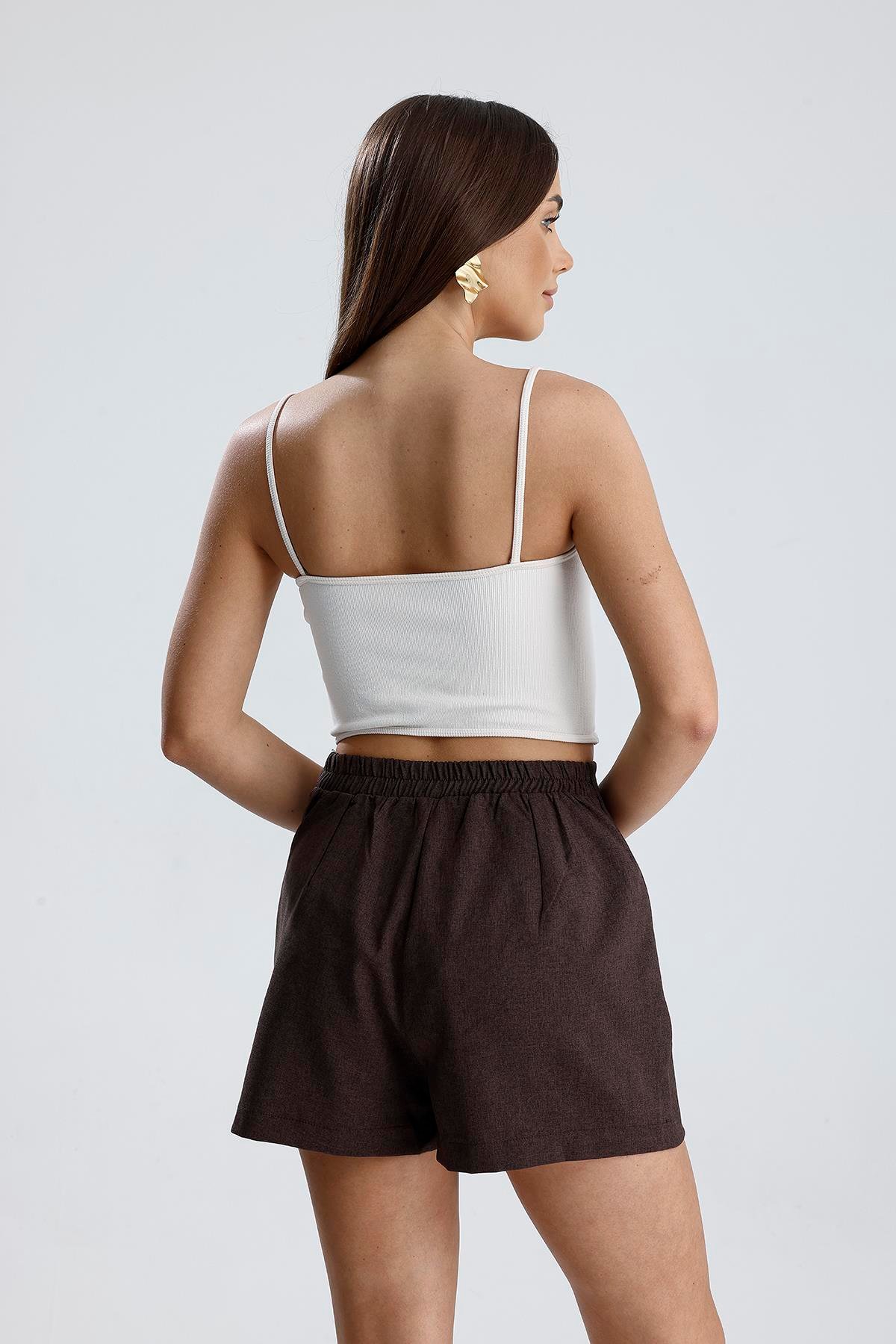 Beli Lastikli Yandan Fermuarlı Şort Etek - Kahve